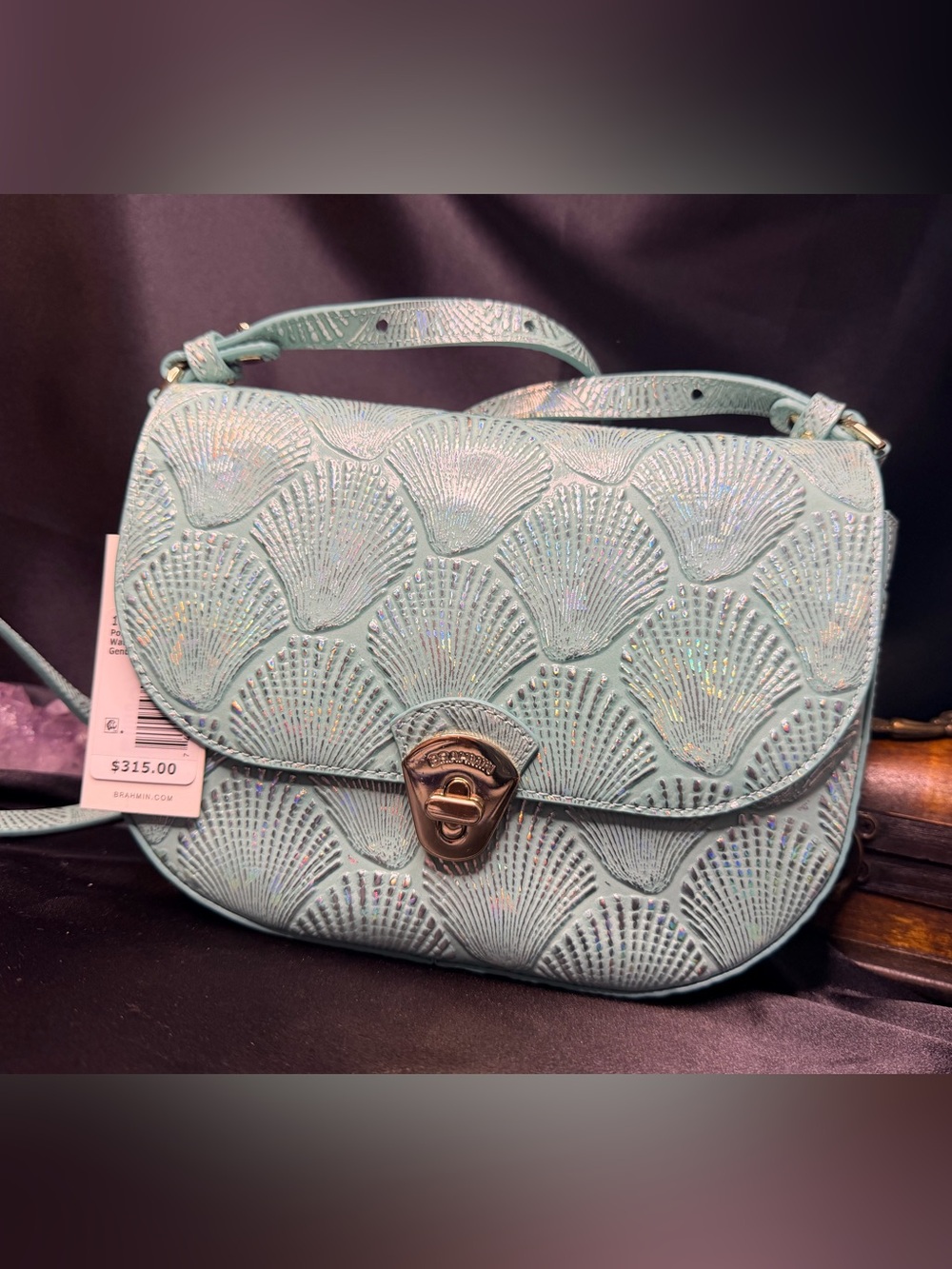 Brahmin Portia. Waterfall  Tides. Seashell-Embossed Crossbody Bag in Light Aqua - Picture 2 of 4